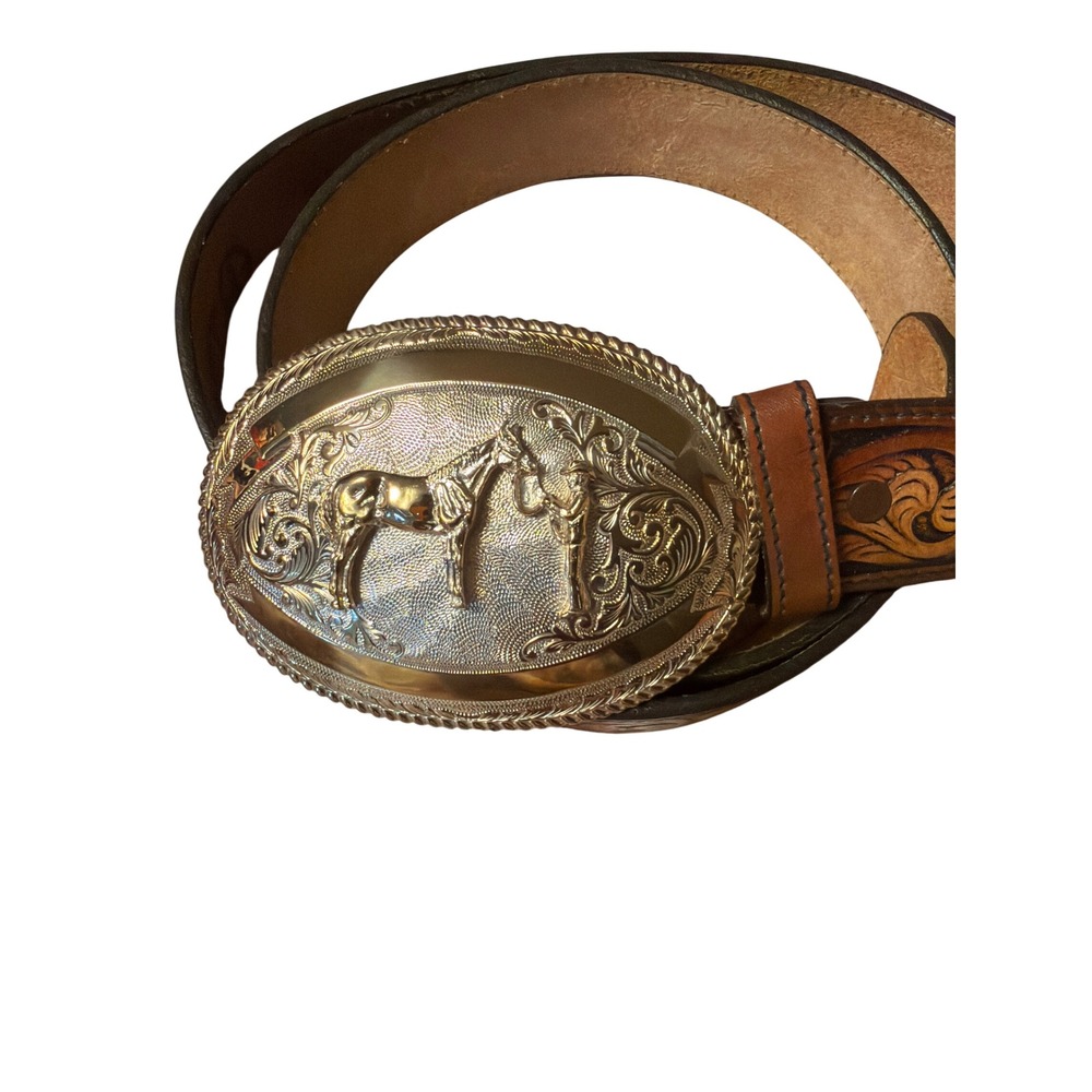 Sheplers Mens Brown Tooled Leather Western Belt Oversized Horse Trophy Buckle - Picture 6 of 9